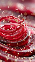 Poster - Crimson red fluid wave curling in mid-motion, surrounded by floating golden droplets, with a glossy, surreal texture and elegant motion