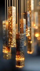 Poster - Hanging glittering rods in gold and black tones sparkle with dramatic lighting and bokeh