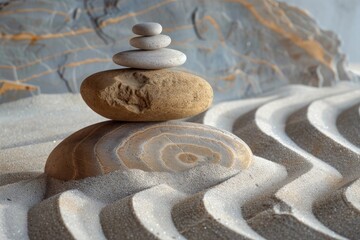 Poster - Stacked stones balancing on top of each other on wavy sand represent peace, harmony, and mindfulness