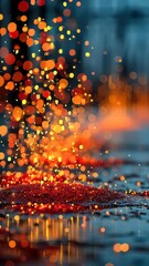 Poster - Bright red and orange glowing bokeh lights rising from a glistening surface, creating a dynamic and fiery light burst against a dark backdrop