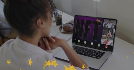 Poster - woman viewing purple panel while NFT letters animating star graphics drifting during tech meeting