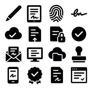 Digital signature icon collection. document, fingerprint, lock, cloud, pen, stamp silhouette