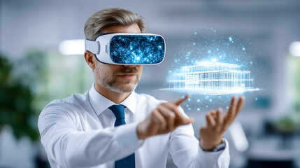 Poster - Man wearing virtual reality headset engages with holographic building model using hand gestures. Modern office environment with bright lighting and futuristic design elements