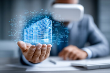 Poster - Professional man uses virtual reality headset to create holographic building model. Modern office environment with digital elements enhances creativity