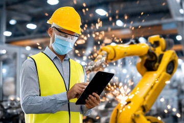 Poster - Worker wearing safety helmet and mask operates tablet in active manufacturing environment. Sparks fly from robotic equipment in background, showcasing modern industry