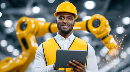 Poster - Engineer wearing safety helmet and vest smiles while holding tablet in modern manufacturing facility. Bright workspace with advanced technology. Concept of automation, robotics, manufacturing