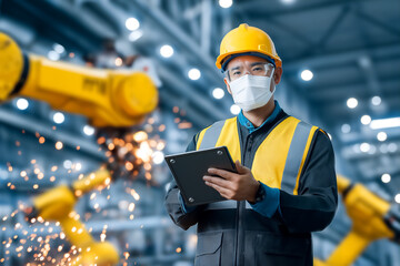 Poster - Worker in safety gear is monitoring robotic machines with a tablet. High-tech factory setting with bright sparks and machinery background. Concept of manufacturing, automation, technology