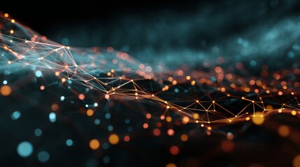 Fototapete - Abstract network illustration with glowing nodes representing data connectivity and complex digital information transformation on black background.