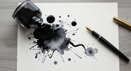 Poster - Ink spill from bottle with fountain pen and gold cap on paper
