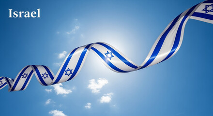 Poster - Israel flag ribbon waving in blue sky with sun
