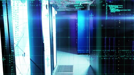 Poster - Light streaming from panel initiating grid, code streams rising and beam sweeping across corridor