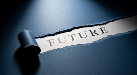 Poster - Torn paper revealing the word FUTURE in spotlight