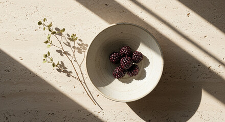 Poster - Blackberries in a ceramic bowl with a delicate branch on a textured surface with shadows