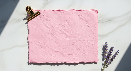 Poster - Pink paper with gold clip and lavender on marble