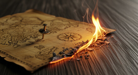 Poster - Burning treasure map with a pin on a wooden table
