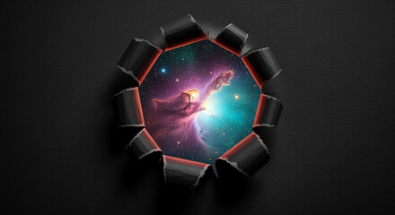 Poster - Torn black paper revealing colorful nebula and stars in deep space