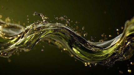 Poster - Captivating close-up of an olive-green liquid, flowing gracefully with subtle splashes against a blurred, dark background, creating depth.