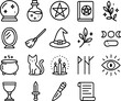 © Md - Collection of mystical and occult symbols including a crystal ball potion bottle pentagram spellbook broom cauldron cat candles runes eye chalice dagger knife and scroll