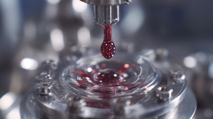 Poster - Red liquid protein concentrate forms droplets at the tip of a fermentation tank outlet valve, showcasing the precise collection process of cultured products in a laboratory setting