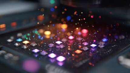 Poster - Glowing display of a hyperspectral imaging system highlights a vibrant spectrum readout as cultured diamonds are screened for quality with visual data overlays