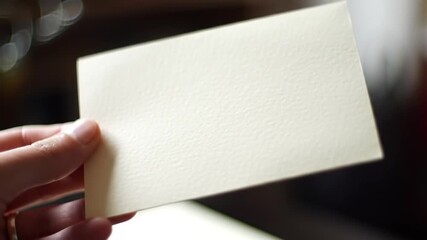 Hand holding blank white card for writing messages or notes
