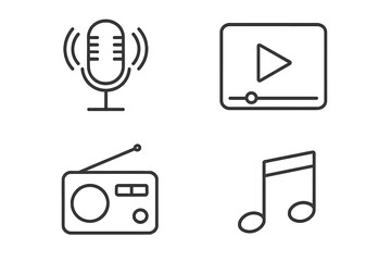 Fototapete - Minimalist Audio and Video Media Web Icons Collection. Vector Line Art Set Featuring Podcast Microphone, Video Player, Radio Receiver, and Musical Note Symbols for Digital Apps and Media Interfaces