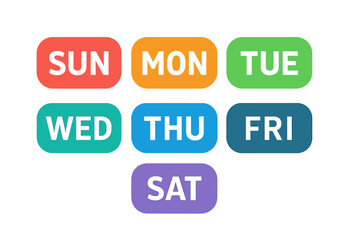 Poster - Modern Weekday Calendar Button Set. Colorful Vector Icons for Every Day. Rounded Rectangular Labels. Minimal Flat Design. Sunday to Saturday. Editable. Transparent Background Illustration