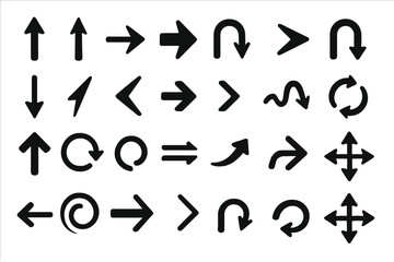 Poster - Black Arrow Icons Mega Set. Big Vector Collection of Directional, Curved, Circular, U-Turn, Swirl, Right, Left, Up, Down, Rotating, Wavy, Loop and Navigation Arrows on Transparent Background