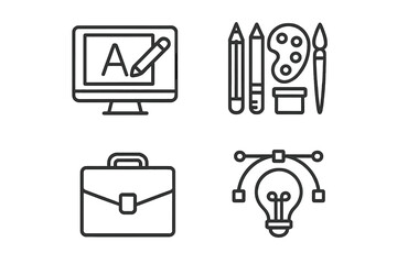 Poster - Graphic design icon set. Line art symbols for creativity, digital art, and web design. Includes vector drawing tools, typography, portfolio case, and creative idea icons.