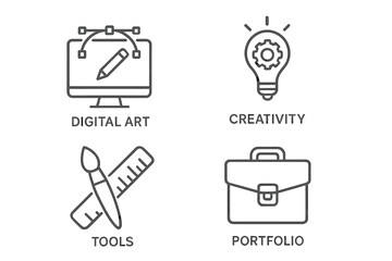 Fototapete - Graphic design line icon pack. Digital art, creativity, tools, portfolio concepts. Vector symbols for web, mobile app UI. Creative process, designer workflow pictogram collection.