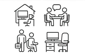 Fototapete - Office Workspace Web Icons Set. Line Style Vector Illustration of Remote Work, Coworking, Business Meeting, Colleague Collaboration, Work Desk, Home Office, Corporate Workspace