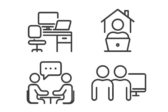 Office workspace icon set with remote work, business meeting, and co-worker symbols. Modern line art icons for web and mobile apps. Vector illustration of teamwork concepts.