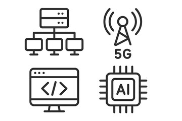 Fototapete - Modern Technology Network, Communication, 5G Wireless Web Development, Artificial Intelligence Chip, Line Style Vector Icons Set, IT Infrastructure, Software Design, Mobile App