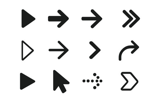 Diverse Arrow Icon Set. Bold Arrow Symbols, Directional Arrows, Navigation Cursor Icons Collection. Interface and Web Design Elements. Vector Illustration on Transparent Background