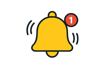 Fototapete - Notification bell icon vector. Ringing yellow bell with new alert badge. Social media reminder. Mobile app alert. Message notification. Vibrating bell symbol. Alarm clock notice.