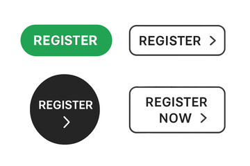 Fototapete - Register now web button set. Vector registration buttons for website, blog, service signup. Modern UI elements. Call to action. Green, black, white isolated icons pack