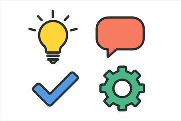Fototapete - Flat Vector Icons Set Light Bulb Speech Bubble Checkmark Gear. Creative Idea, Communication, Success, Settings. Simple Modern Design for Web, UI, Transparent Background