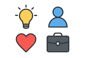 Poster - Modern flat design vector set with lightbulb idea icon, user profile avatar, red heart love symbol, and briefcase business concept isolated on transparent background