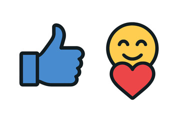 Poster - Smiling Face Heart Emoji and Blue Thumbs Up Like Icon Vector. Social Media Reaction Buttons. Flat Style Feedback Icons. Positive Online Interaction Concept. Communication Symbols. Web App Elements.