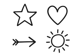 Poster - Hand drawn doodle icon vector set. Star, heart, arrow, sun symbols. Cute simple sketch elements for creative design, decoration, social media posts, and stickers.