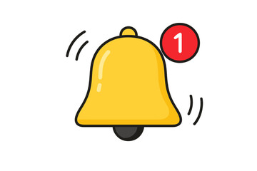 Fototapete - Ringing Notification Bell Icon with Alert Badge. Shaking Yellow Alarm Bell Symbolizing New Message, App Notification, Reminder, Warning or Smartphone Alert. Modern UI Alert Sound Vector.