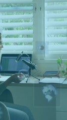 Poster - Animation of radars, globe over woman speaking on microphone while doing online podcast