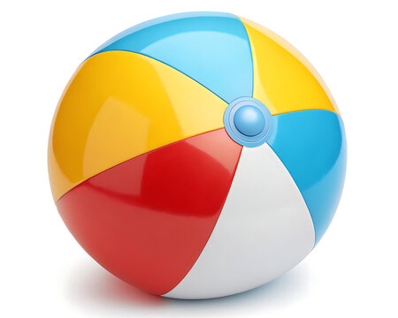 A colorful beach ball with blue yellow red and white panels isolated on a white background close up view