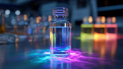 Poster - Luminescent liquid contained within an illuminated vial sits on a laboratory table, casting vibrant colors, with other laboratory glassware blurred in the background
