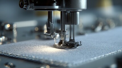 Poster - Close up view of a sewing machine intricately stitching together layers of antimicrobial copper mesh and lightweight fabric, highlighting the precision and efficiency of the process