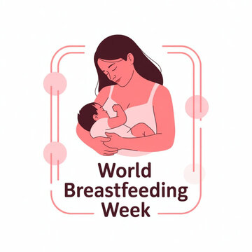 Modern pink banner for World Breastfeeding Week, line art mom nursing baby, curved frame vector design.
