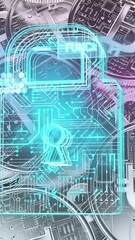 Poster - Data processing over security padlock icon against bitcoin coins in background