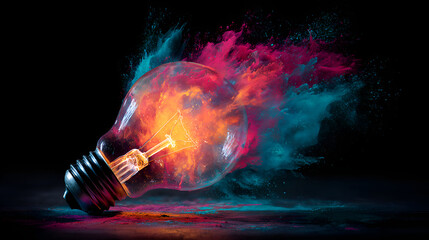 Poster - Light bulb exploding with colorful powder and creativity