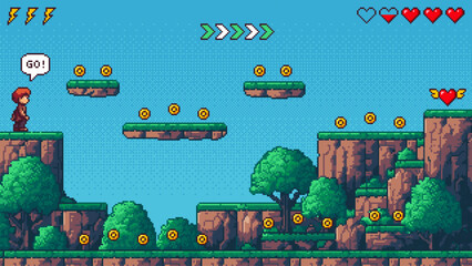 Poster - Pixel art game level vector with fantasy hero character on natural landscape. Adventure platform environment.