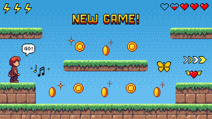 Poster - Pixel art game level vector with a young boy character and 